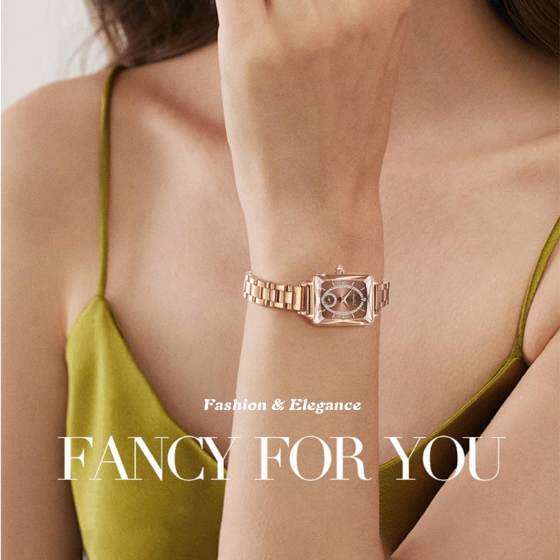 💎Divatos, szögletes női karóra rozéaranyból, gyémántokkal