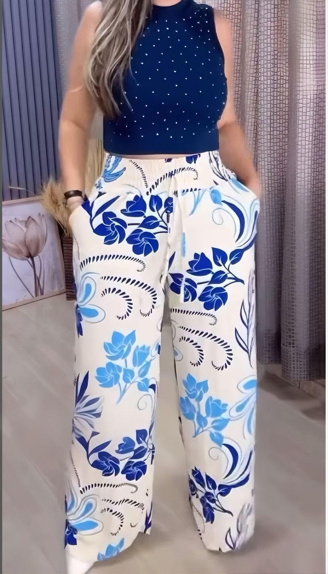 2025 Nyári új, nyomtatott széles szárú nadrágok