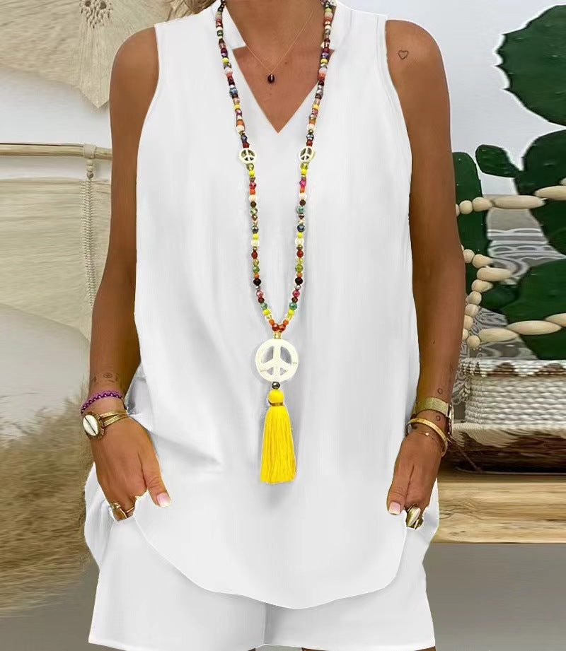 Elegáns kétrészes szett: rövid ujjú V-nyakkal + nadrág