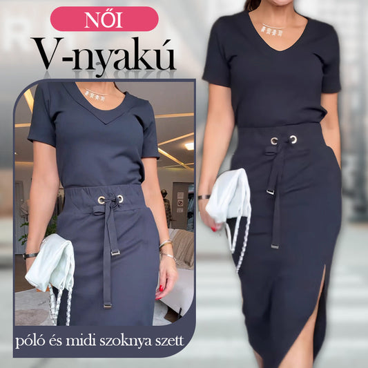 💥Női V-nyakú póló és midi szoknya szett👗