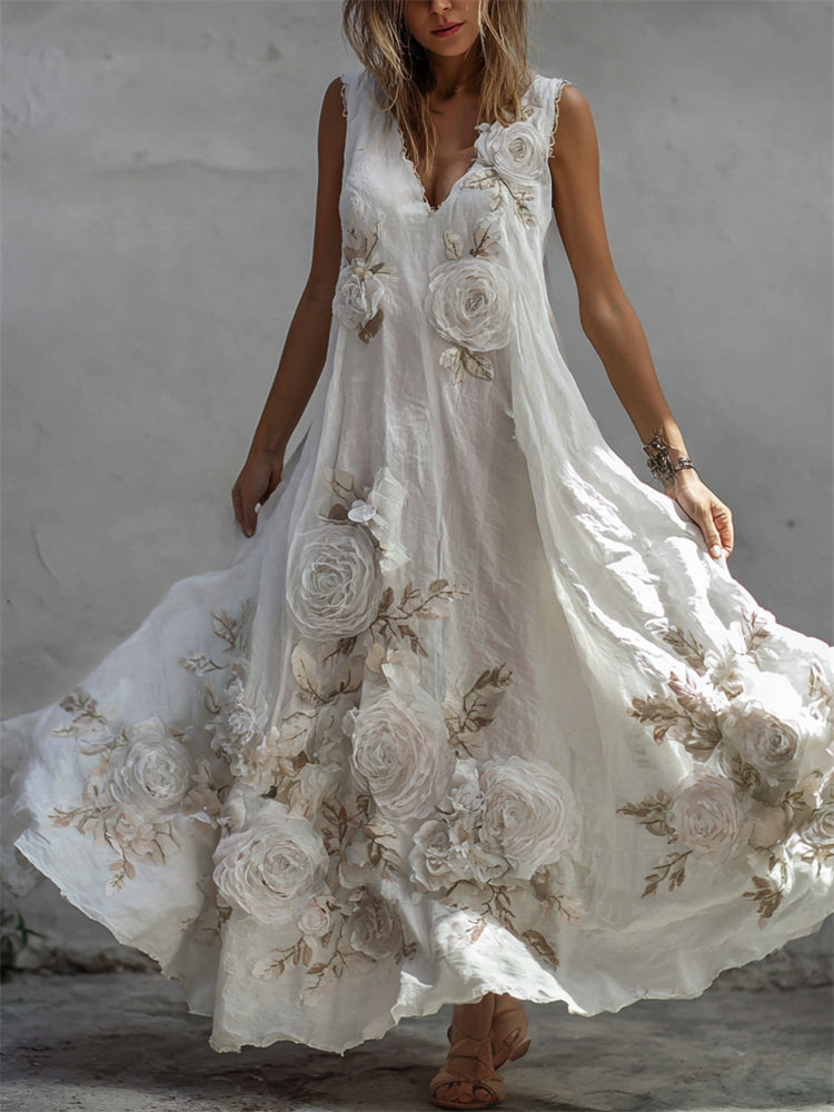 Vintage lenvászon maxi ruha fehér rózsás mintával