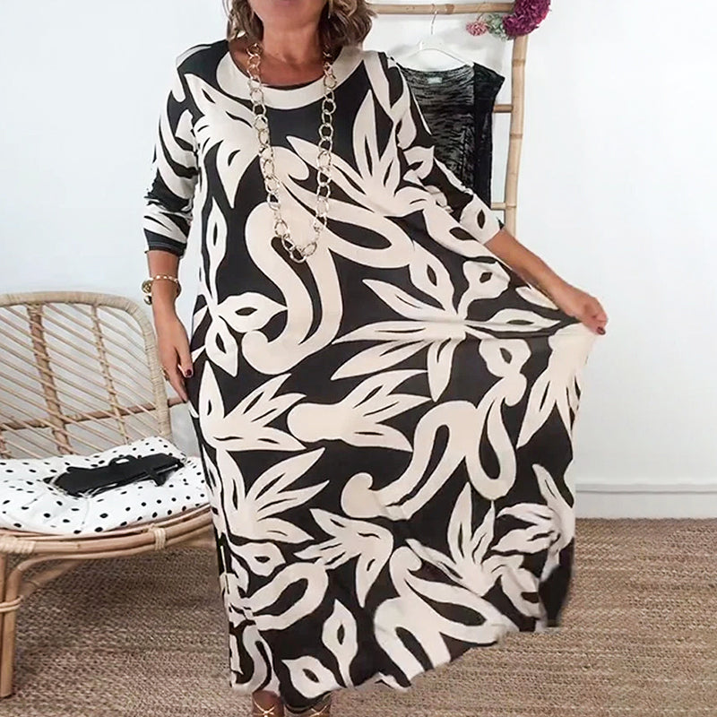 🌼Elegáns, bő, kerek nyakú, mintás női ruha