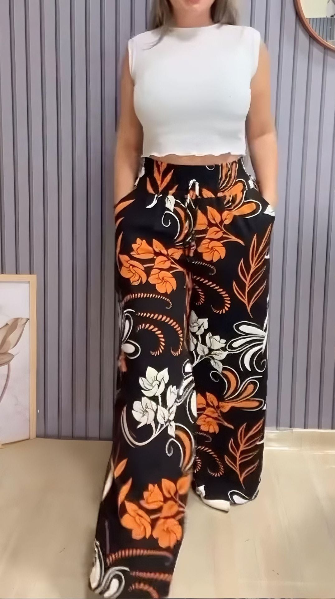 2025 Nyári új, nyomtatott széles szárú nadrágok