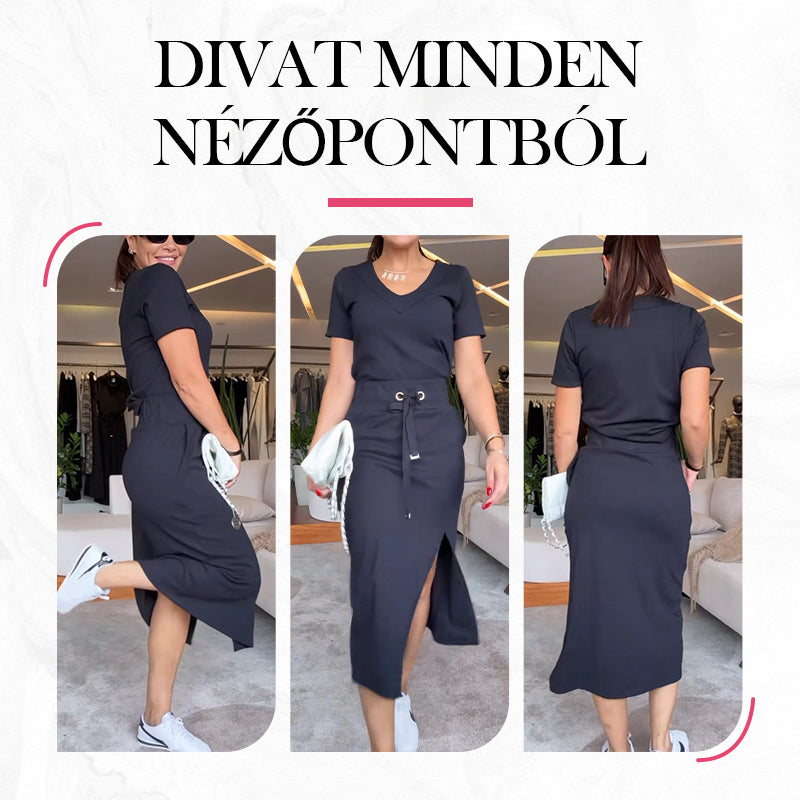 💥Női V-nyakú póló és midi szoknya szett👗
