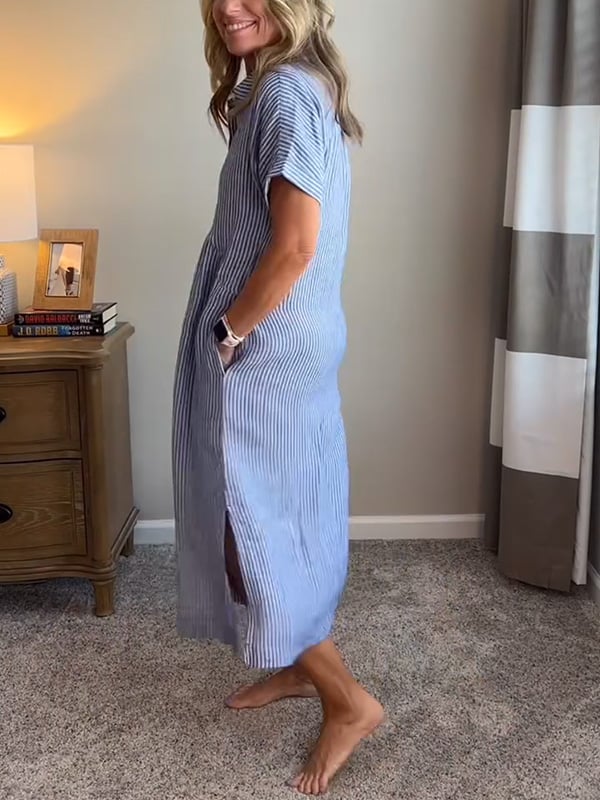 Csíkos ingruha gombos hajtókával | Funkcionális zsebekkel