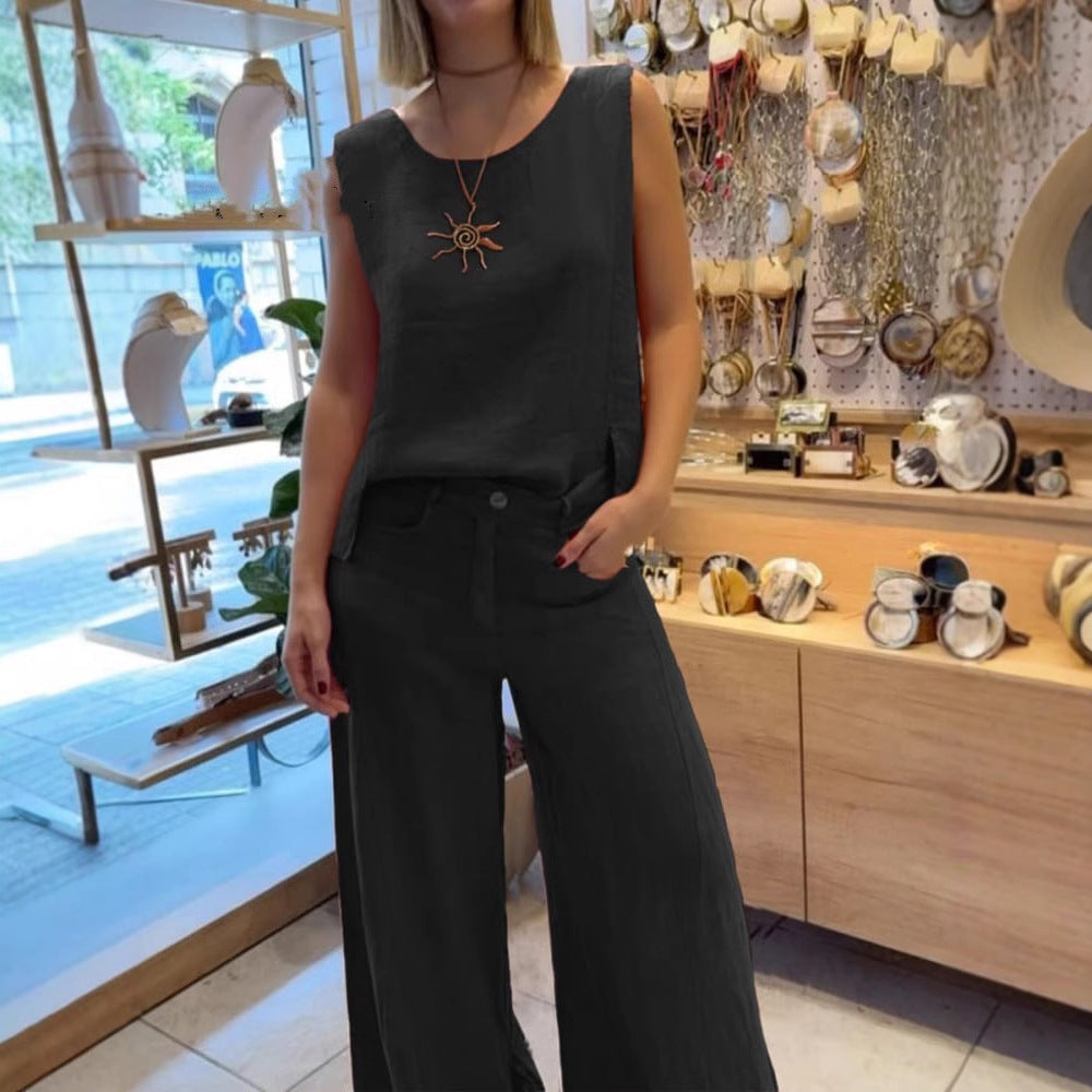 Egyszínű Pamut és Lenvászon Ujjatlan Nadrágszett