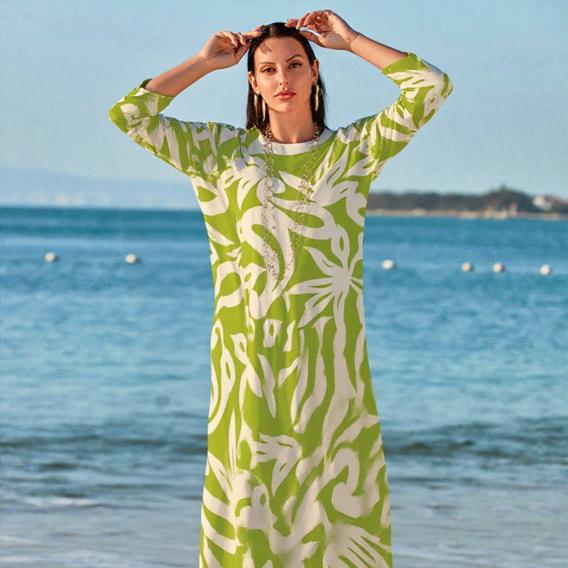 🌼Elegáns, bő, kerek nyakú, mintás női ruha