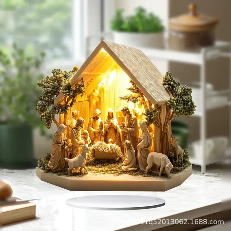 Újszülött lapos asztaldísz karácsonyi jelenettel