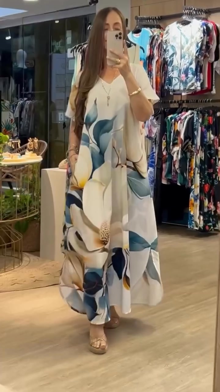 Női laza, lezser V-nyakú ruha mintával és rövid ujjakkal