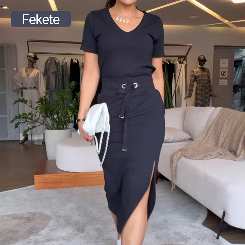 💥Női V-nyakú póló és midi szoknya szett👗