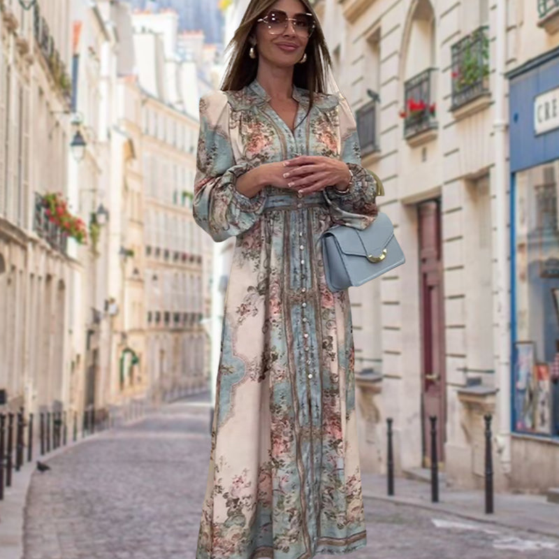Elegáns ruha V-nyakkal, magas derekú, virágmintás és gombos mintával