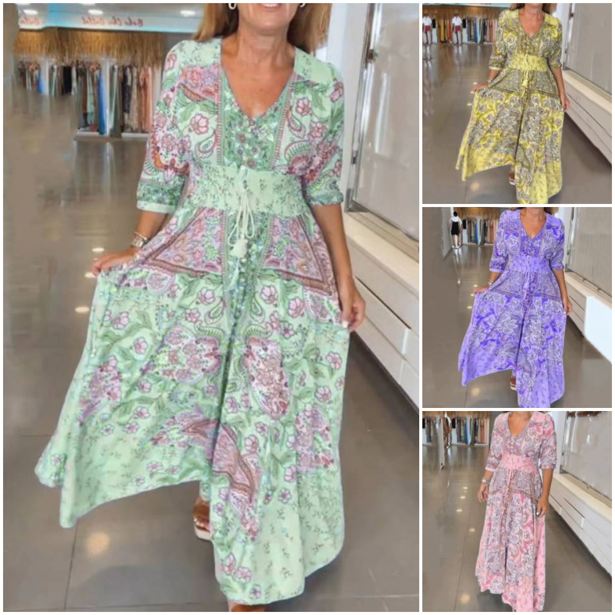 Női elegáns virágos virágos húzózsinór hosszú ruha