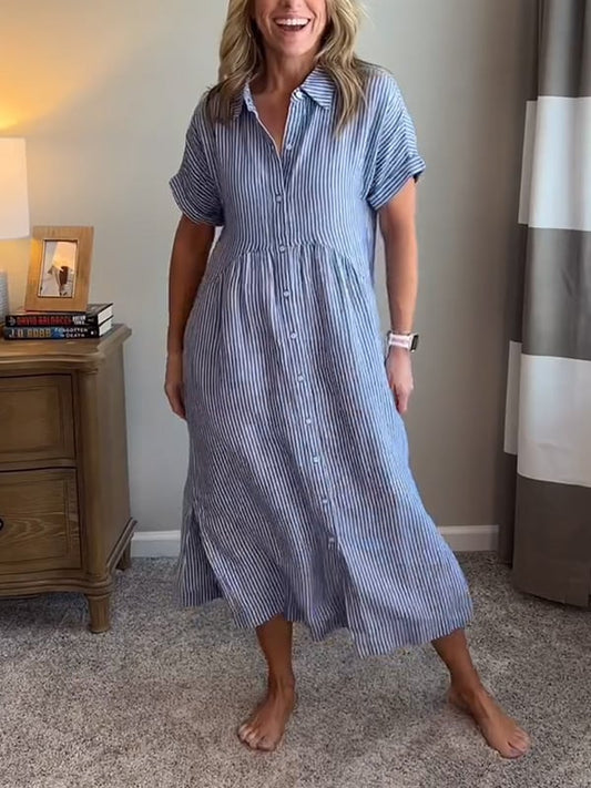 Csíkos ingruha gombos hajtókával | Funkcionális zsebekkel