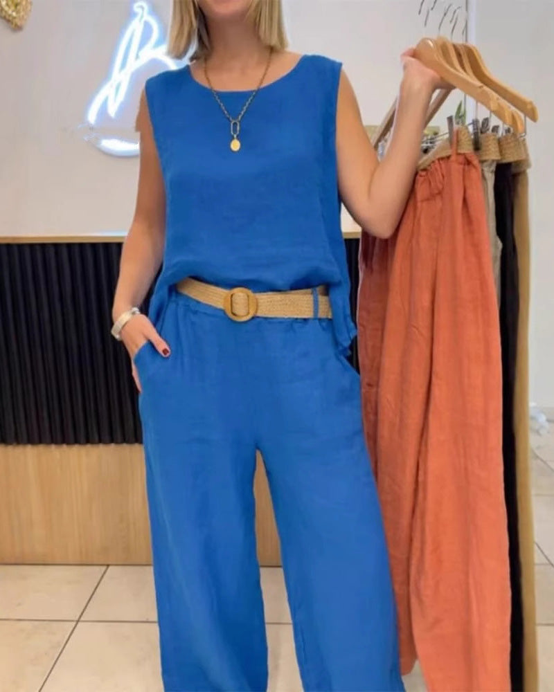 Egyszínű Pamut és Lenvászon Ujjatlan Nadrágszett