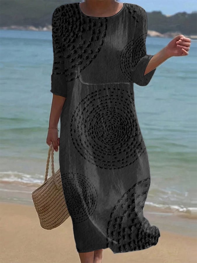 Női lezser egyszínű, kerek nyakú, középhosszú ujjú, virágmintás, pamut és lenvászon ruha