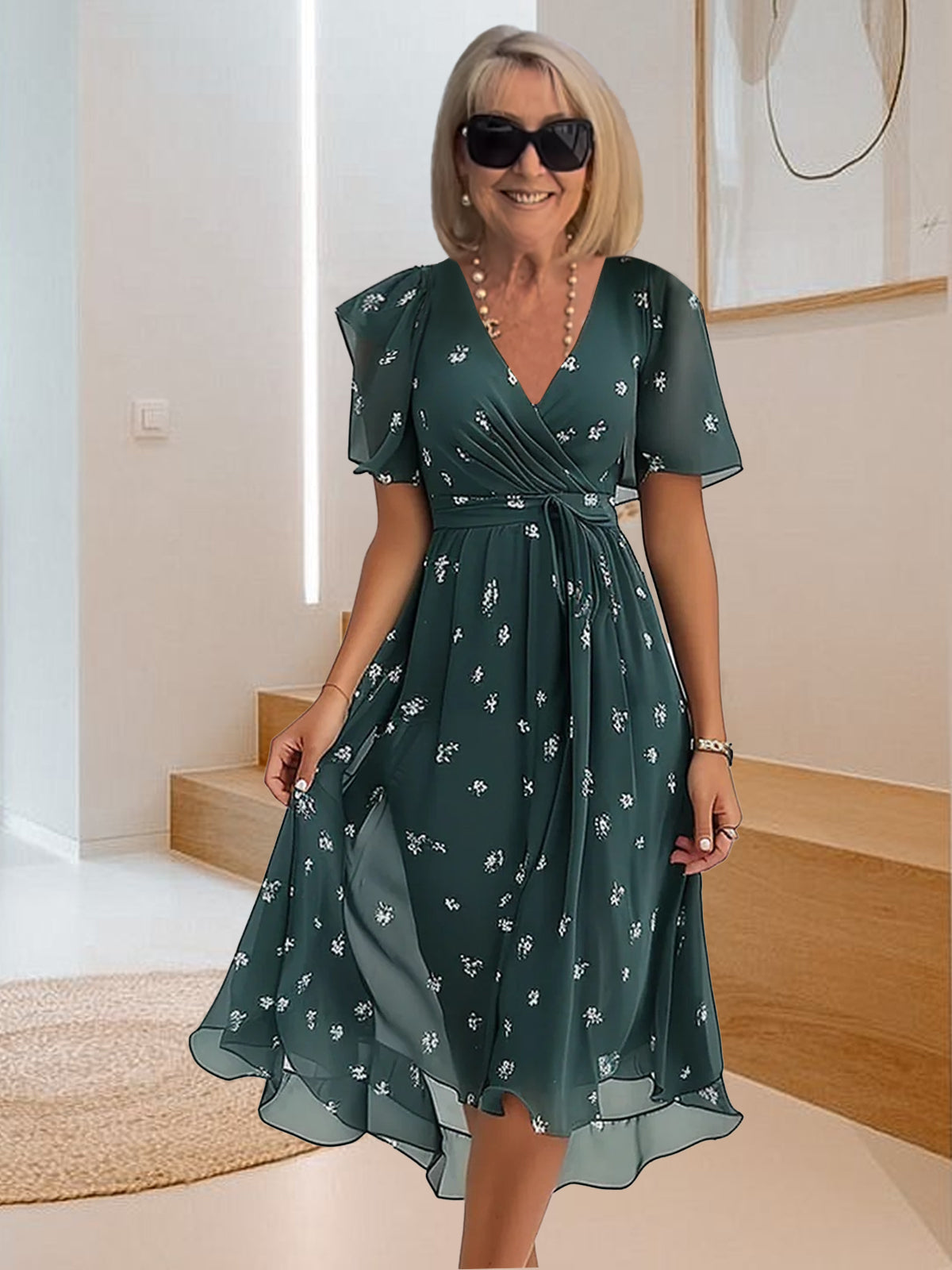 V-nyakú, egyszerű mintás lezser ruha