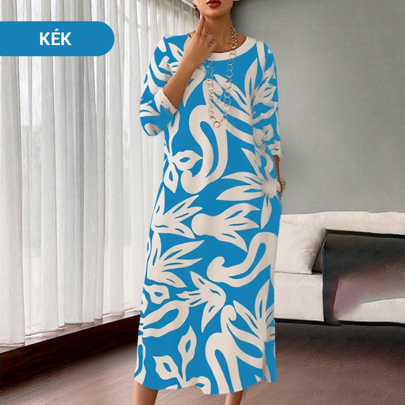 🌼Elegáns, bő, kerek nyakú, mintás női ruha