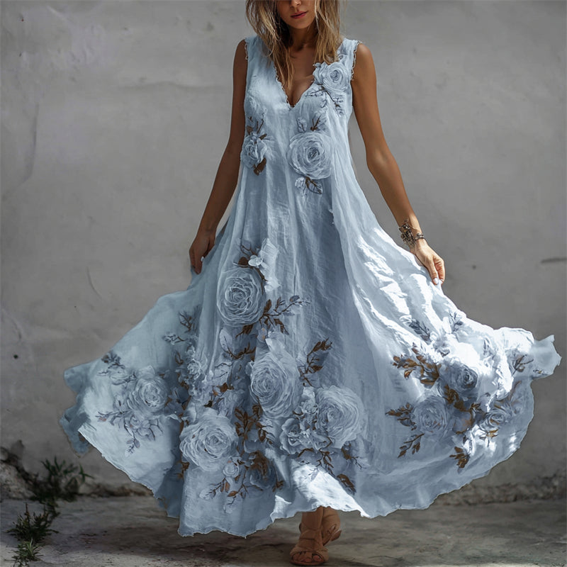 Vintage lenvászon maxi ruha fehér rózsás mintával