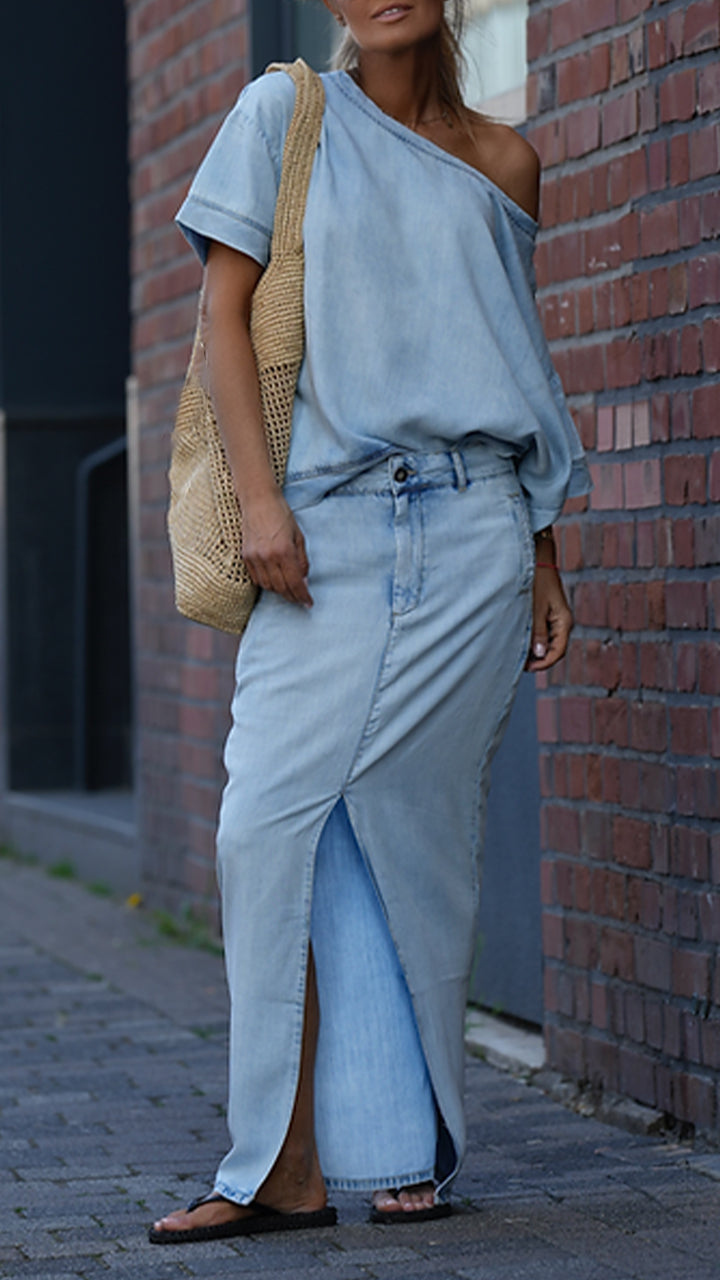 Női lezser kerek nyakú kosztüm Tencel farmerből