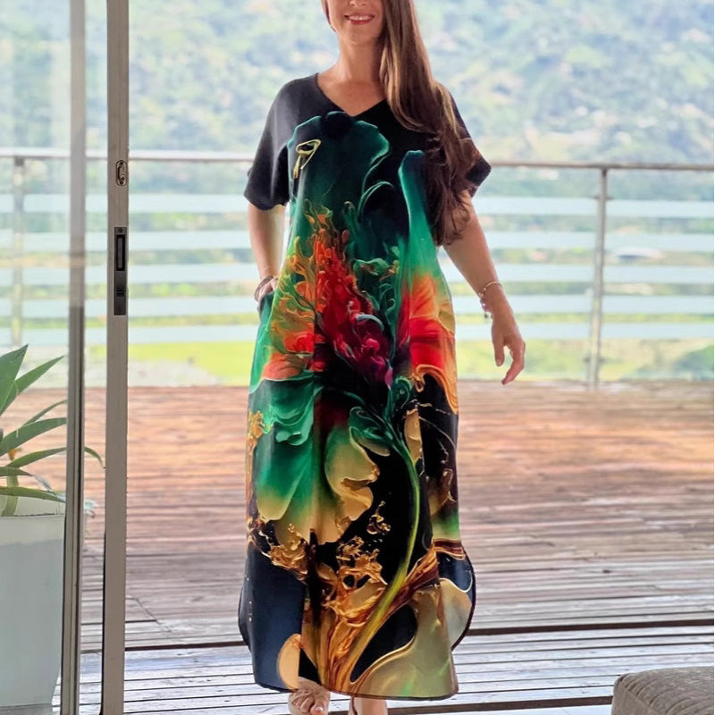 Női laza, lezser V-nyakú ruha mintával és rövid ujjakkal