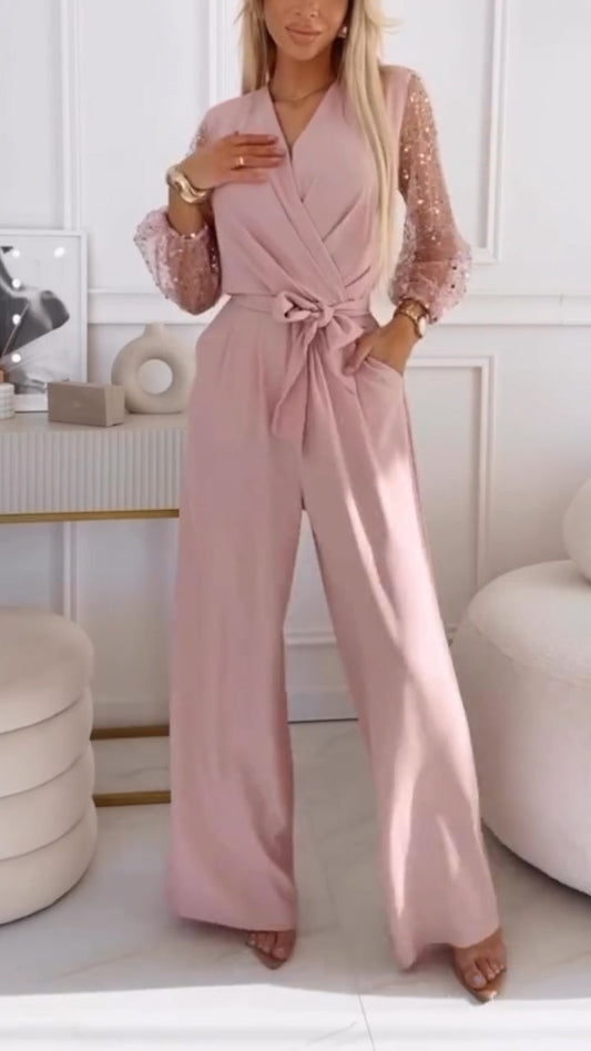 👑Női lezser kosztüm puffos ujjal és V-nyakkivágással, flitterekkel díszítve