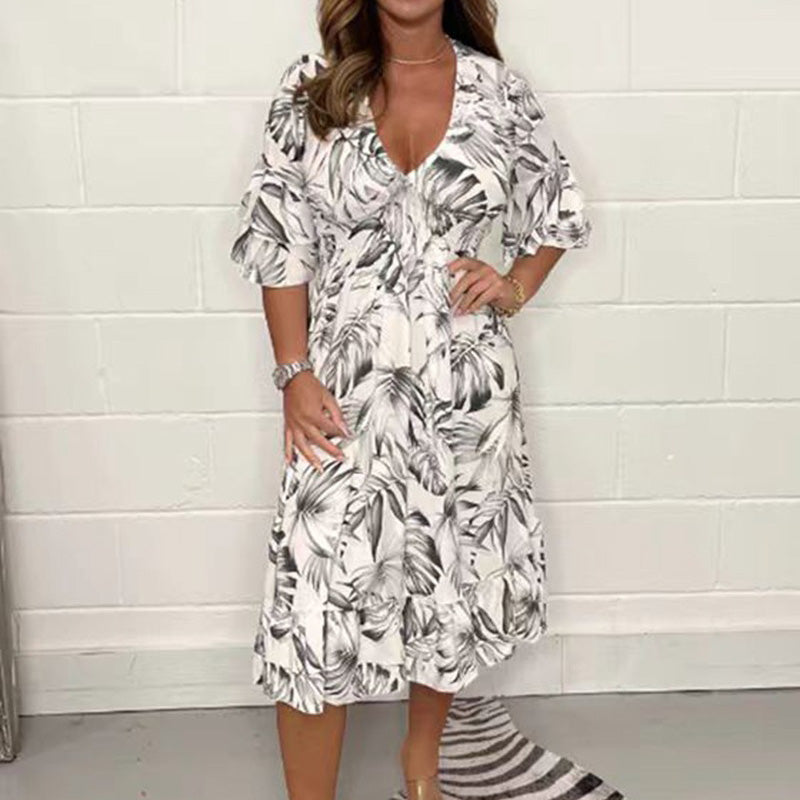 👗✨ Női Elegáns V-nyakú Ruhák Botanikai Mintázattal