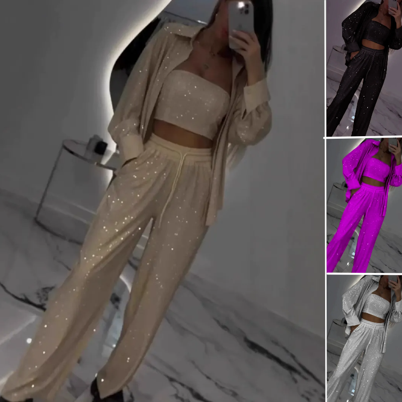 Gyönyörű blézer, kényelmes béléssel és bő szárú nadrággal (3 részes)