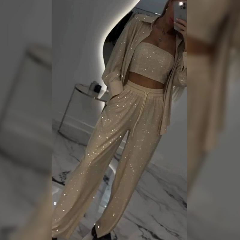 Gyönyörű blézer, kényelmes béléssel és bő szárú nadrággal (3 részes)