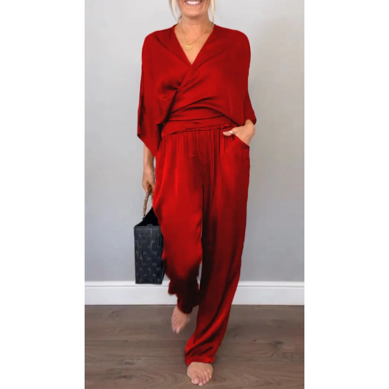 💞💞 Női kétrészes szett, V-nyakú felsővel és nadrággal