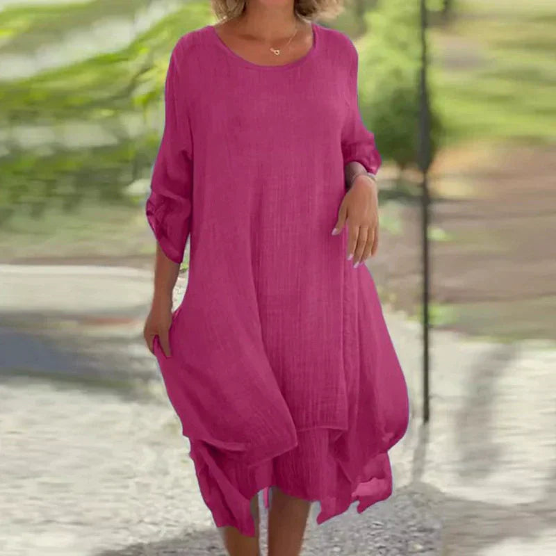 💕Női elegáns egyszínű egyszínű kerek nyakú laza illeszkedő ruha