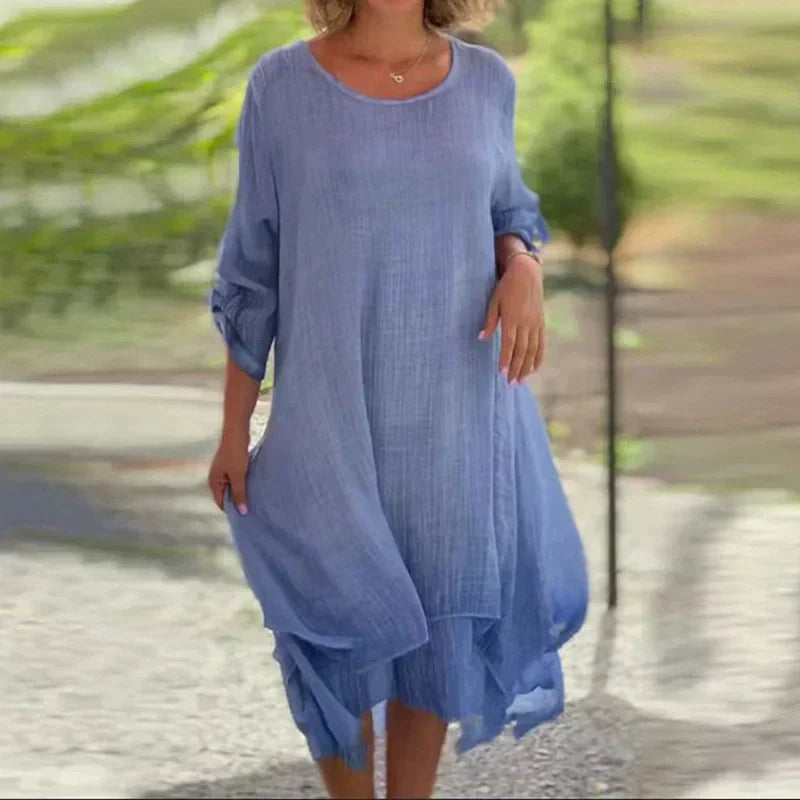 💕Női elegáns egyszínű egyszínű kerek nyakú laza illeszkedő ruha