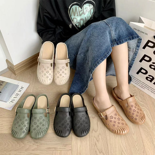 Kerek fejű üreges faragott virágok alacsony sarok női papucsok