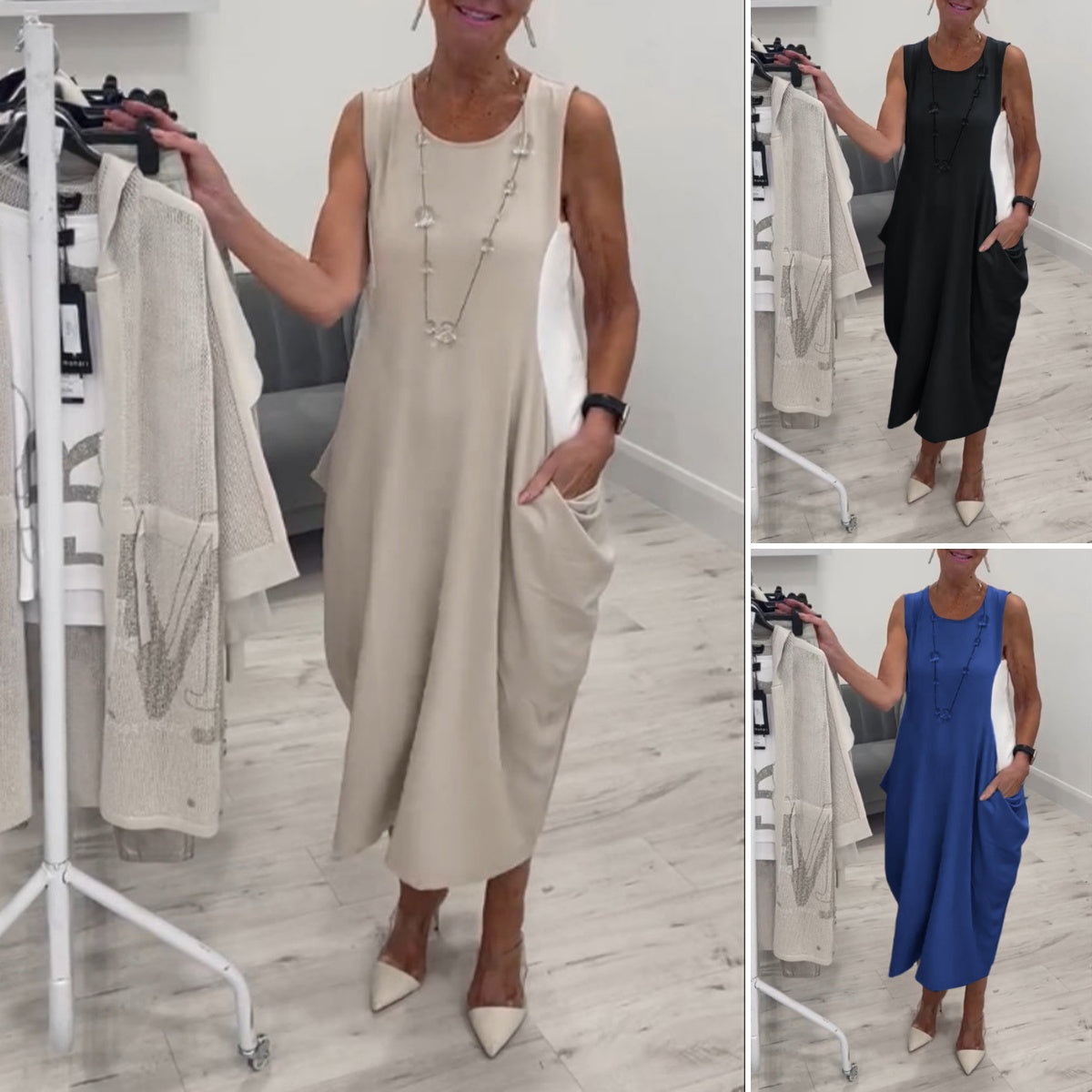 ✨Egyszerű, ujjatlan lenvászon ruha zsebekkel