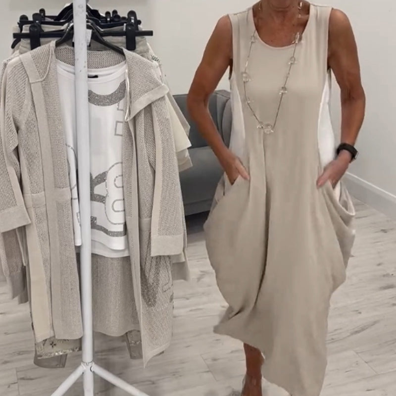 ✨Egyszerű, ujjatlan lenvászon ruha zsebekkel