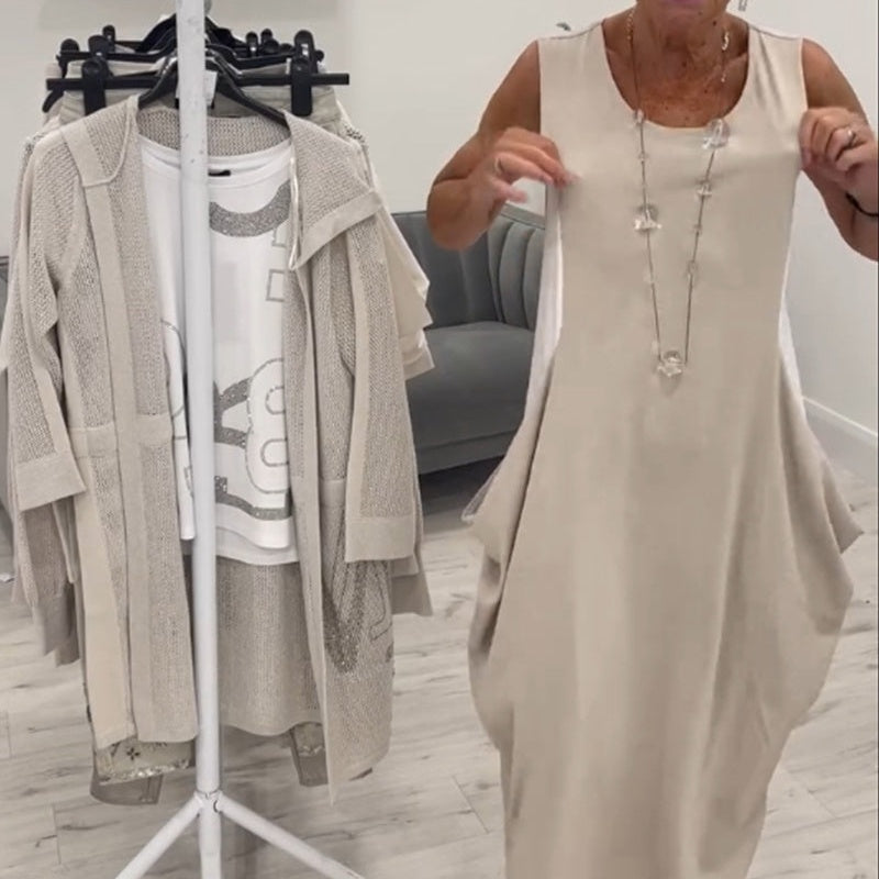 ✨Egyszerű, ujjatlan lenvászon ruha zsebekkel