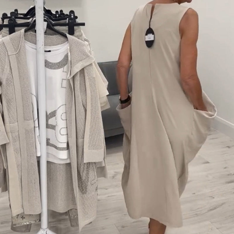 ✨Egyszerű, ujjatlan lenvászon ruha zsebekkel