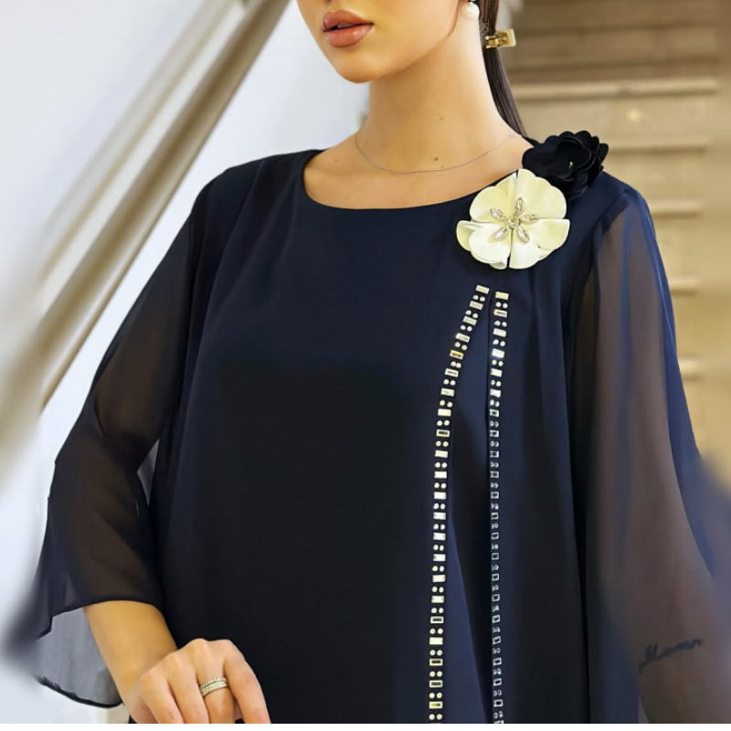 🌸✨【S-4XL】Környakú női hálós ruha virágos díszítéssel