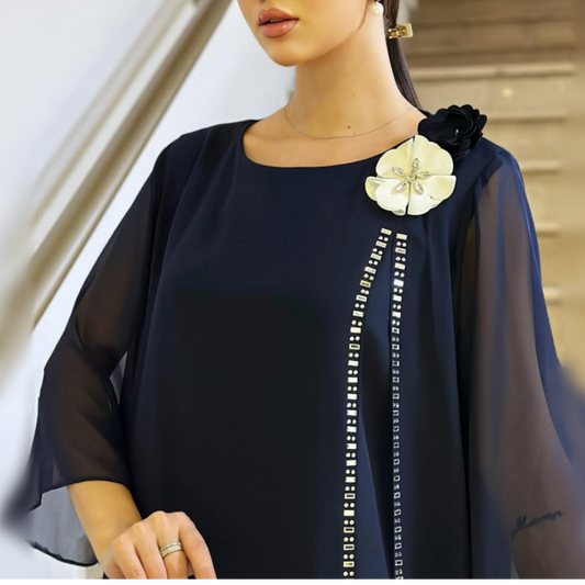 🌸✨【S-4XL】Környakú női hálós ruha virágos díszítéssel