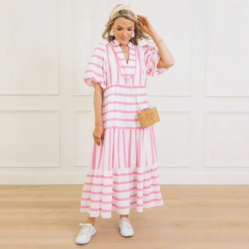 🌸Női nyári csíkos, bő, lezser, rövid ujjú ruha