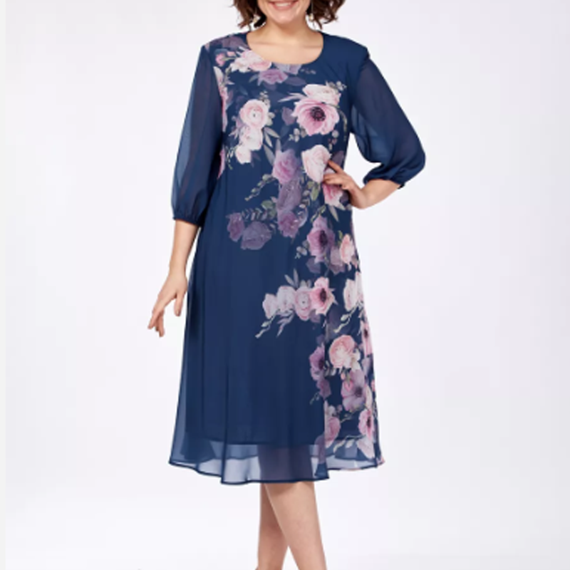 Elegáns virágmintás sifon ruha kerek nyakkivágással