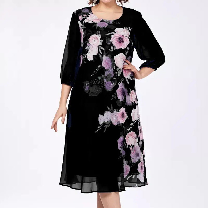 Elegáns virágmintás sifon ruha kerek nyakkivágással