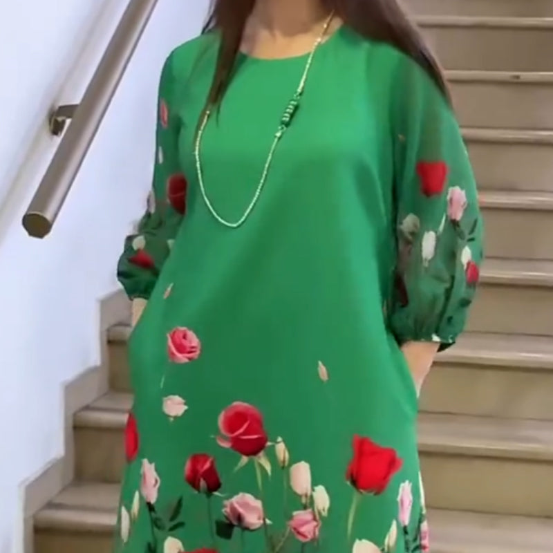 Elegáns virágmintás női ruha kerek nyakkivágással