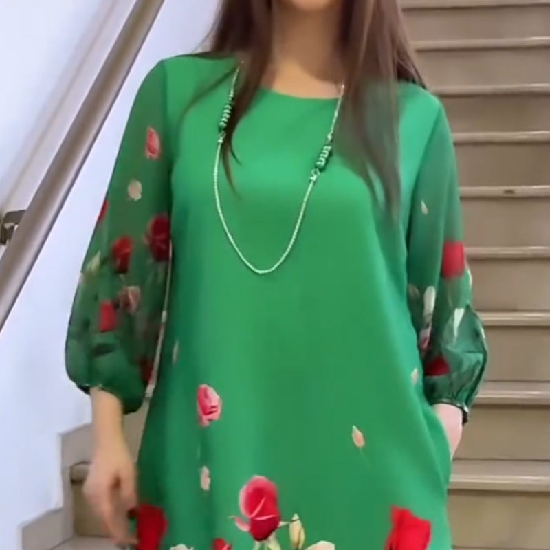 Elegáns virágmintás női ruha kerek nyakkivágással