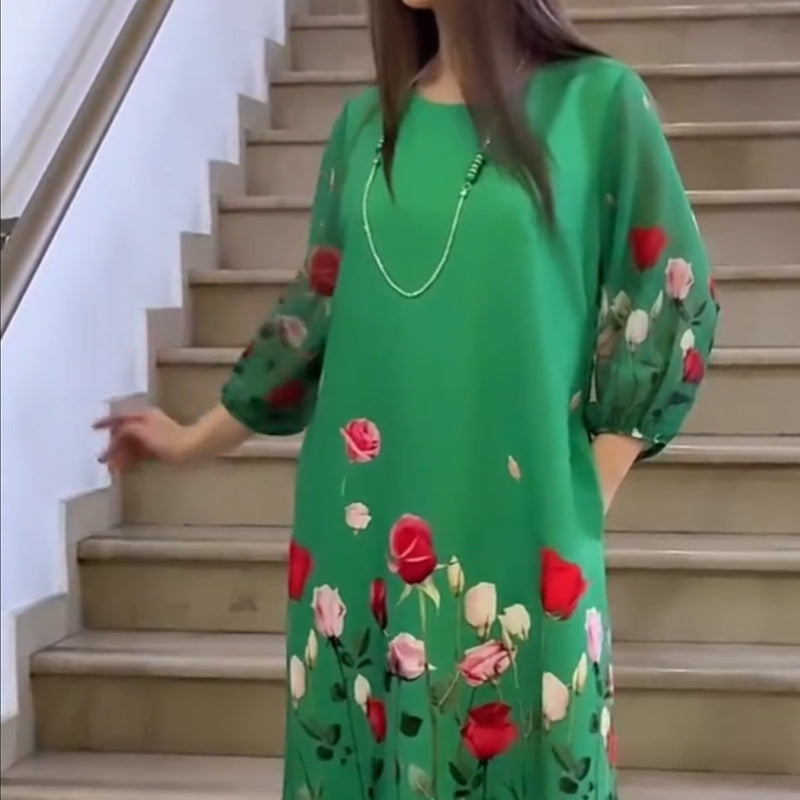 Elegáns virágmintás női ruha kerek nyakkivágással