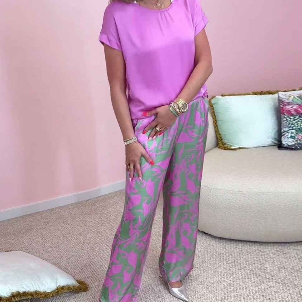 🎉【S-4XL】💝Kétrészes szett - kerek nyakú felső és bő szárú, mintás nadrág