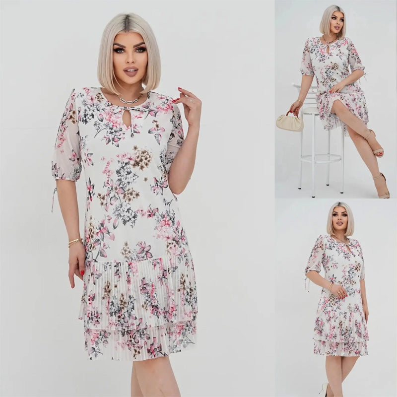 Elegáns, rövid ujjú, rakott hosszú ruha nőknek