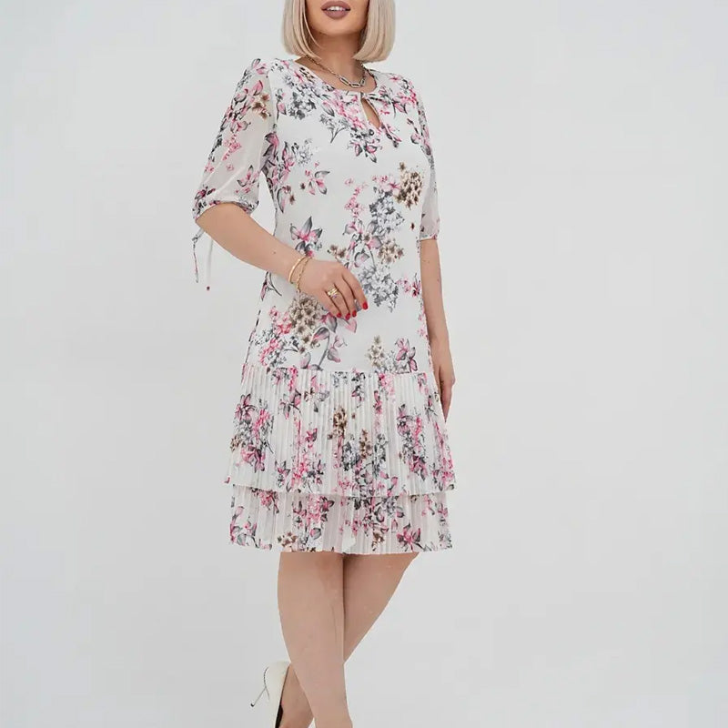 Elegáns, rövid ujjú, rakott hosszú ruha nőknek