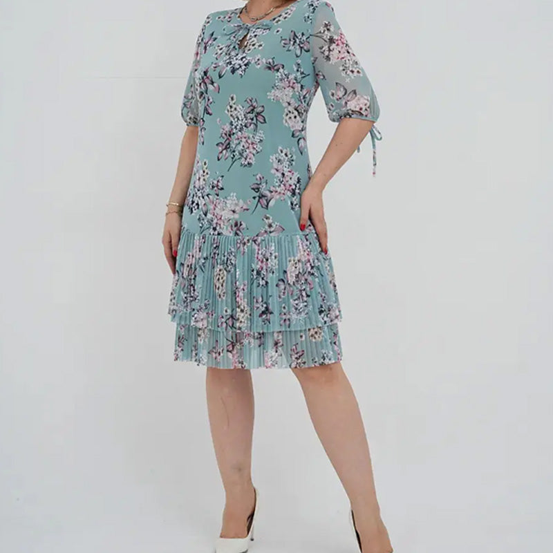 Elegáns, rövid ujjú, rakott hosszú ruha nőknek