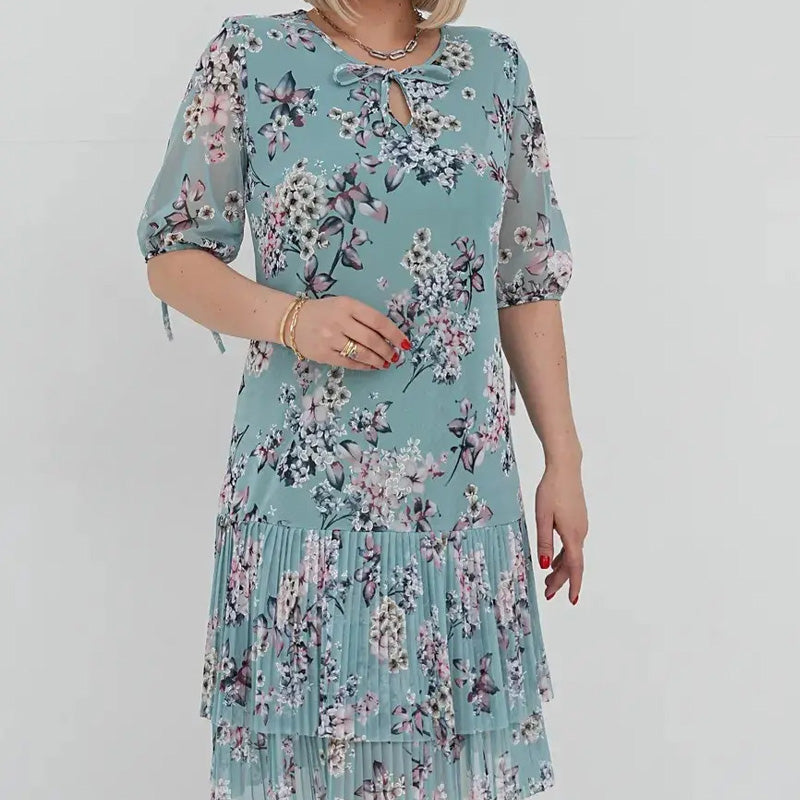 Elegáns, rövid ujjú, rakott hosszú ruha nőknek