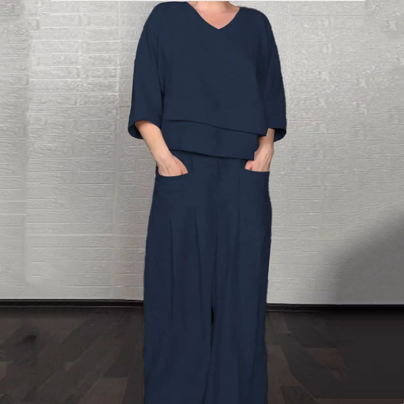 Szabálytalan szegélyű pamutvászon rövid ujjú kétrészes szett